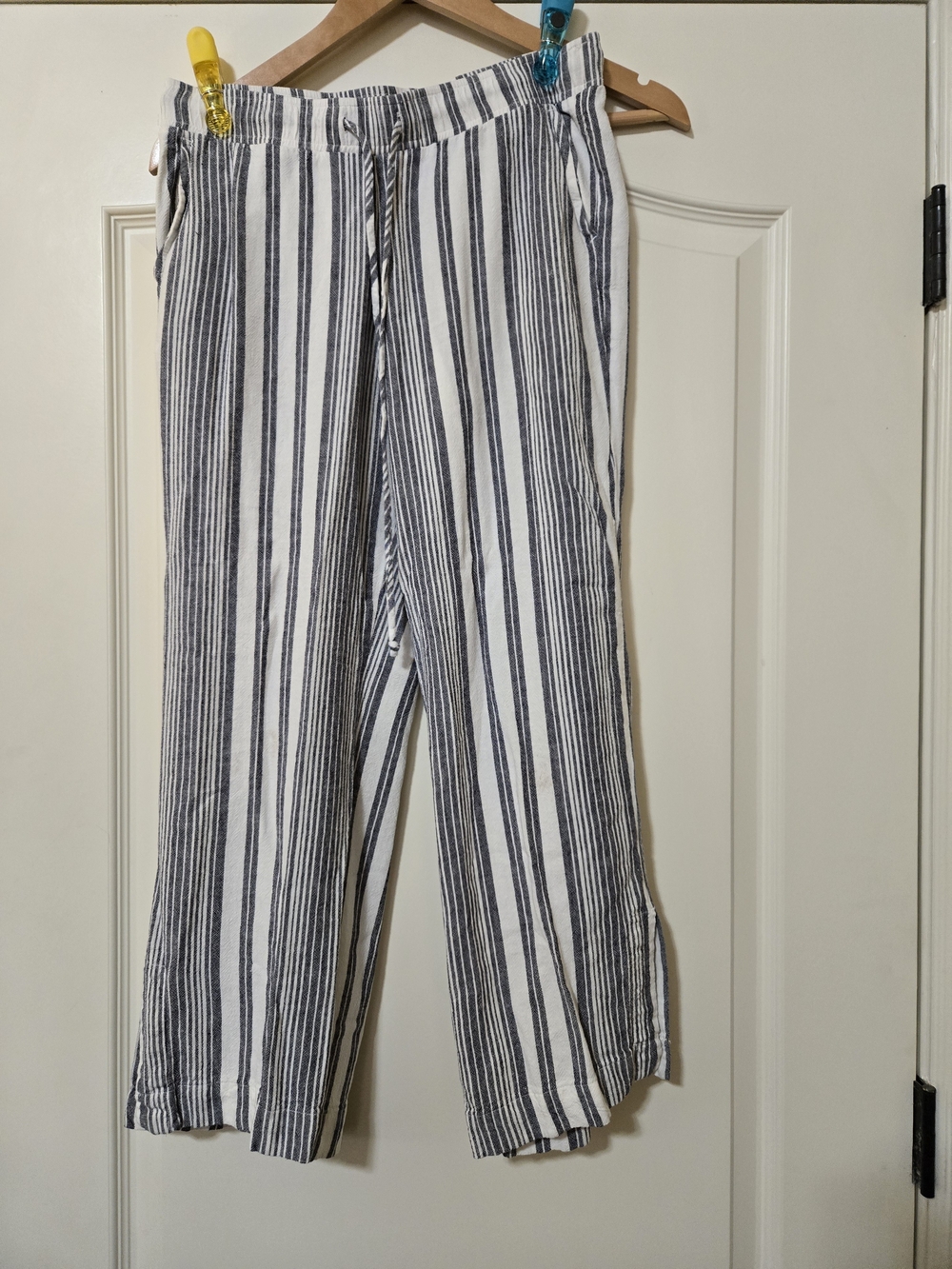 Side Stitch White and Navy Vertical Stripe Wide Leg Pants Comfy Casual Fall